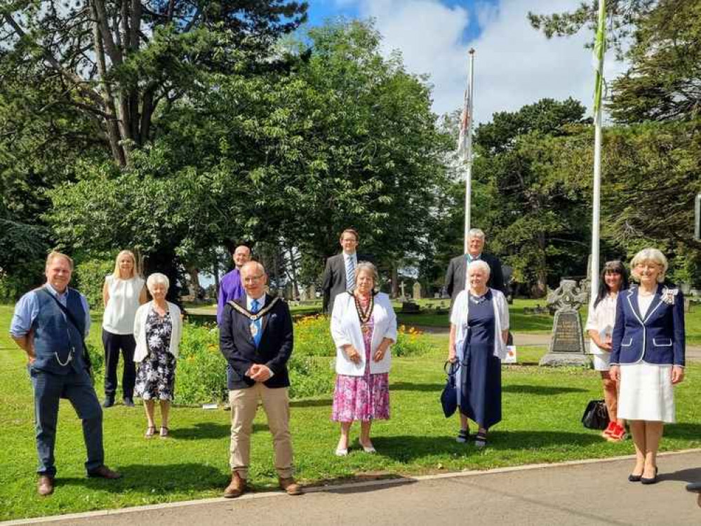 From left to right: Cllr. Nic Hodges, Amanda Evans (BTC Cemeteries & Facilities Manager), Cllr. Margaret  Wilkinson; Cllr. Ian Johnson, Barry Town Mayor Cllr. Steffan Wiliam, Joel James MS; Vale of Glamorgan Council Mayor Jayne Norman; Peter Dewey High Sh