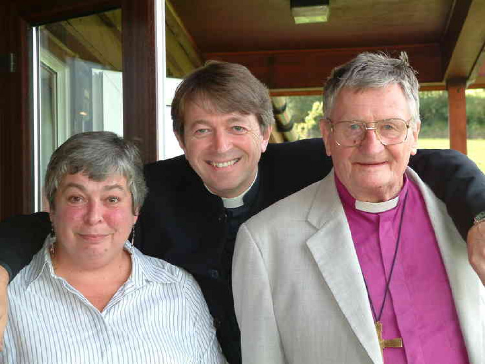 Bishop John Neale on his 80th birthday in Hascombe with the Rev Geoffrey Willis and Sue Evans.  Photo courtesy of Dennis Evans.