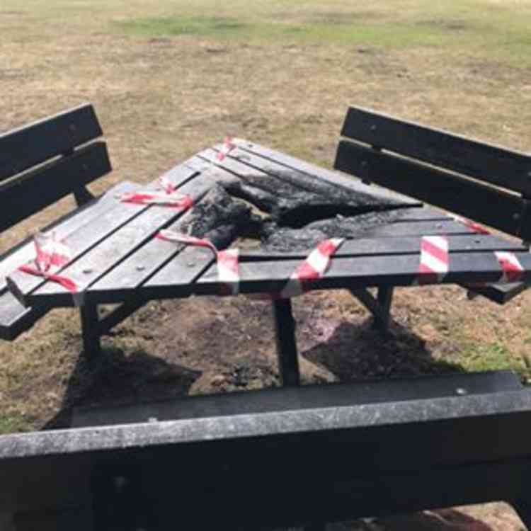 The picnic table has also been damaged by fire.
