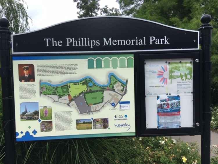 The sign welcoming visitors to the Phillips Memorial Park.