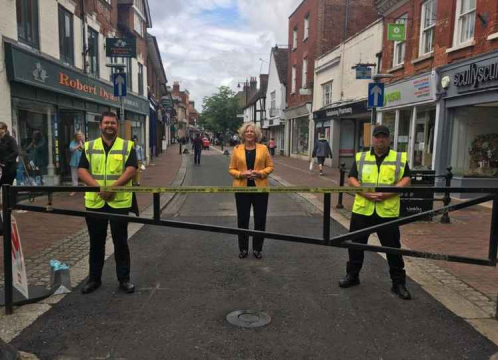 Godalming Mayor Penny Rivers with traffic marshalls at the barrier at the bottom of Queen Street.