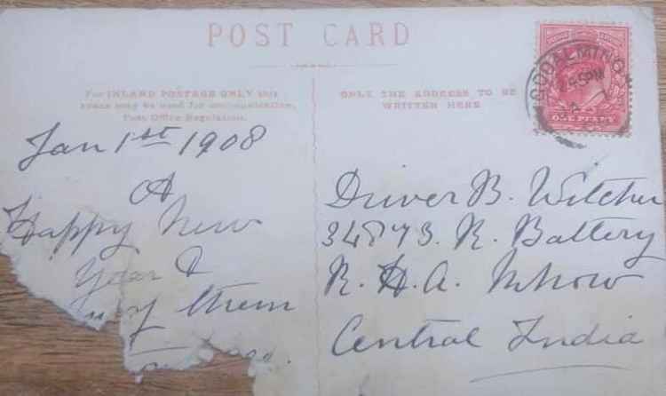 A card from Caroline to her son, wishing him a happy new year in 1908.