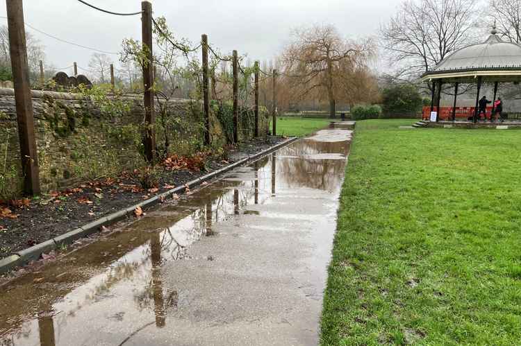 Puddles near the bandstand.