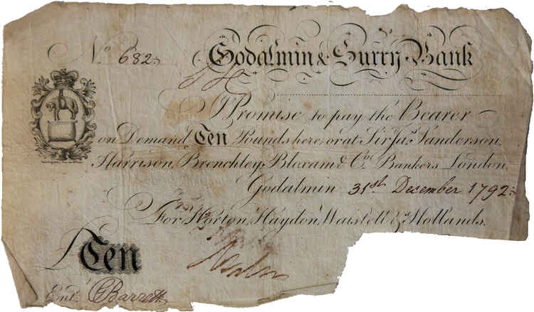 A £10 note issued by the Godalmin and Surry Bank in December 1792. Photo courtesy of Godalming Museum/Trevor Howard. A £10 note issued by the Godalmin and Surry Bank in December 1792. Photo courtesy of Godalming Museum/Trevor Howard.