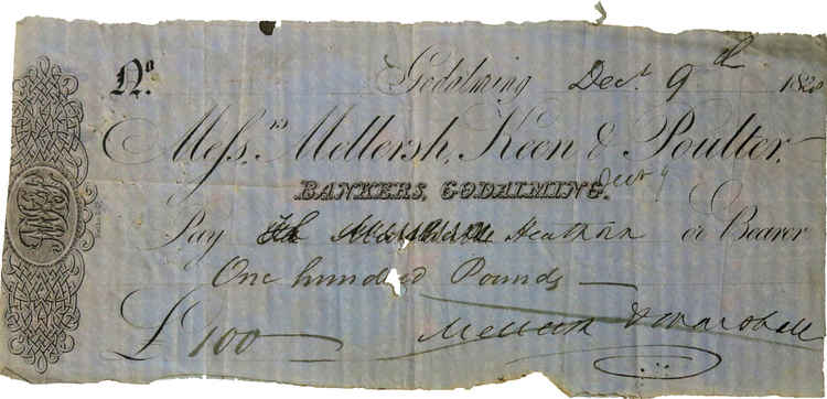 A cheque drawn on Mellersh, Keen and Poulter in 1828. Photo courtesy of Godalming Museum/Trevor Howard.