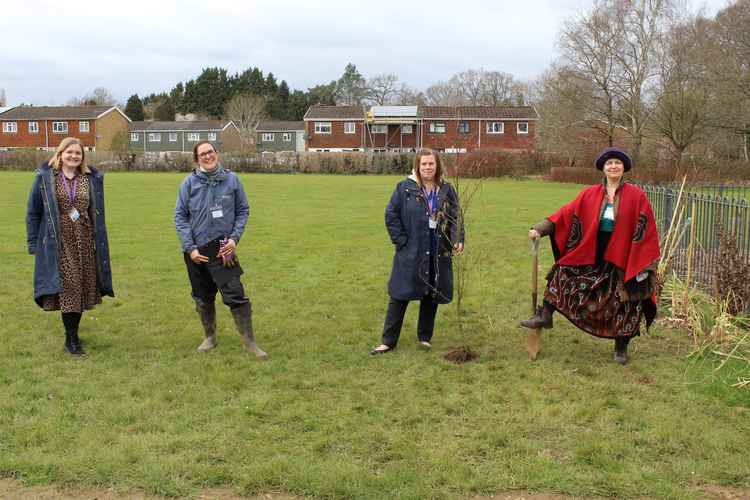 Deputy head Faye Johnstone, Francesca Fryer Rigdon from Roots for the Future, headteacher Amanda Pedder and Cllr Shirley Faraday.