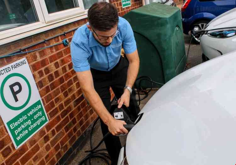 Charging one of South Kesteven District Council's two electric pool cars