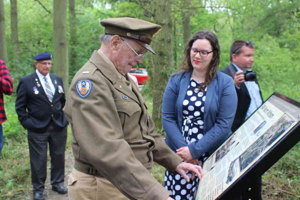 Lt Col Hamilton with Claire Saunders, Heritage Regeneration Officer at InvestSK, whose grant funding paid for the information board at Twyford Wood