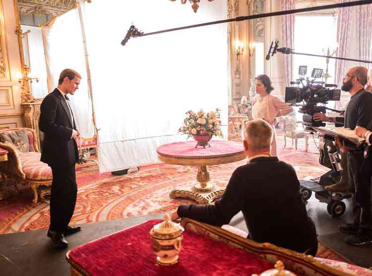 Matt Smith and Claire Foy film series two of The Crown with director Stephen Daldry at Belvoir Castle (the stand in for Windsor Castle) in Regent's Gallery