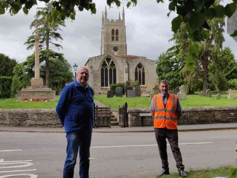 Cllr Dr Peter Moseley meets SKDC Parks Manager and competition judge Steve Frisby in Rippingale