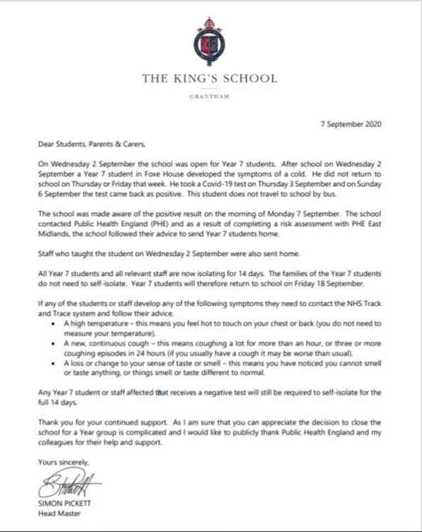 The letter that was sent to parents