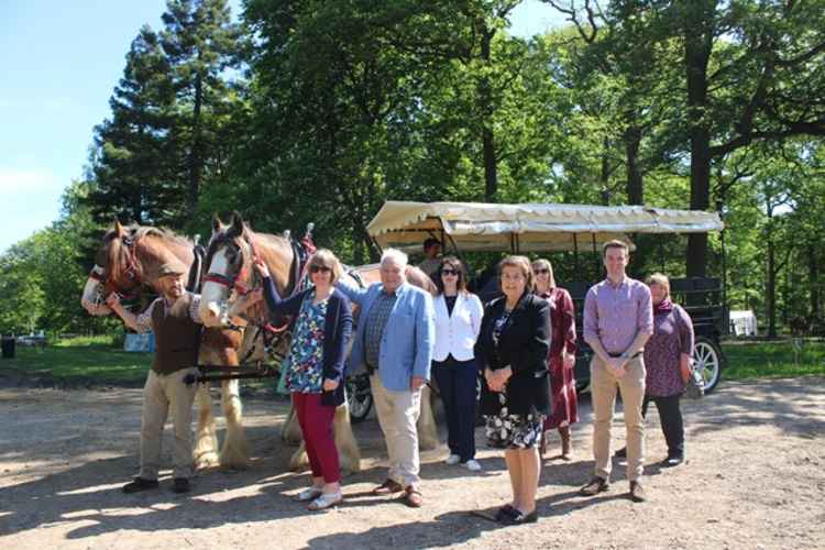 Image: SKDC Grimsthorpe visit, L to R Ian Fawcett of Fawcett Driving Horses with Gabriele and Barry Dobson, Karen Bradford, Rosemary Trollope-Bellew, Nicola McCoy-Brown, Kelham Cooke and Mary Powell. Credit: SKDC