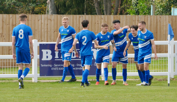 Charlie Iglesias celebrated first goal as Brantham stay up (Picture credit: Peninsula Nub News)