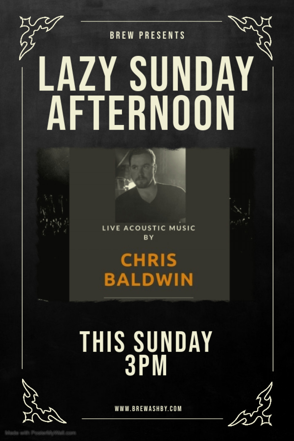 Come and enjoy a chilled Sunday afternoon at Brew with live acoustic music from Chris Baldwin from 3-5pm.