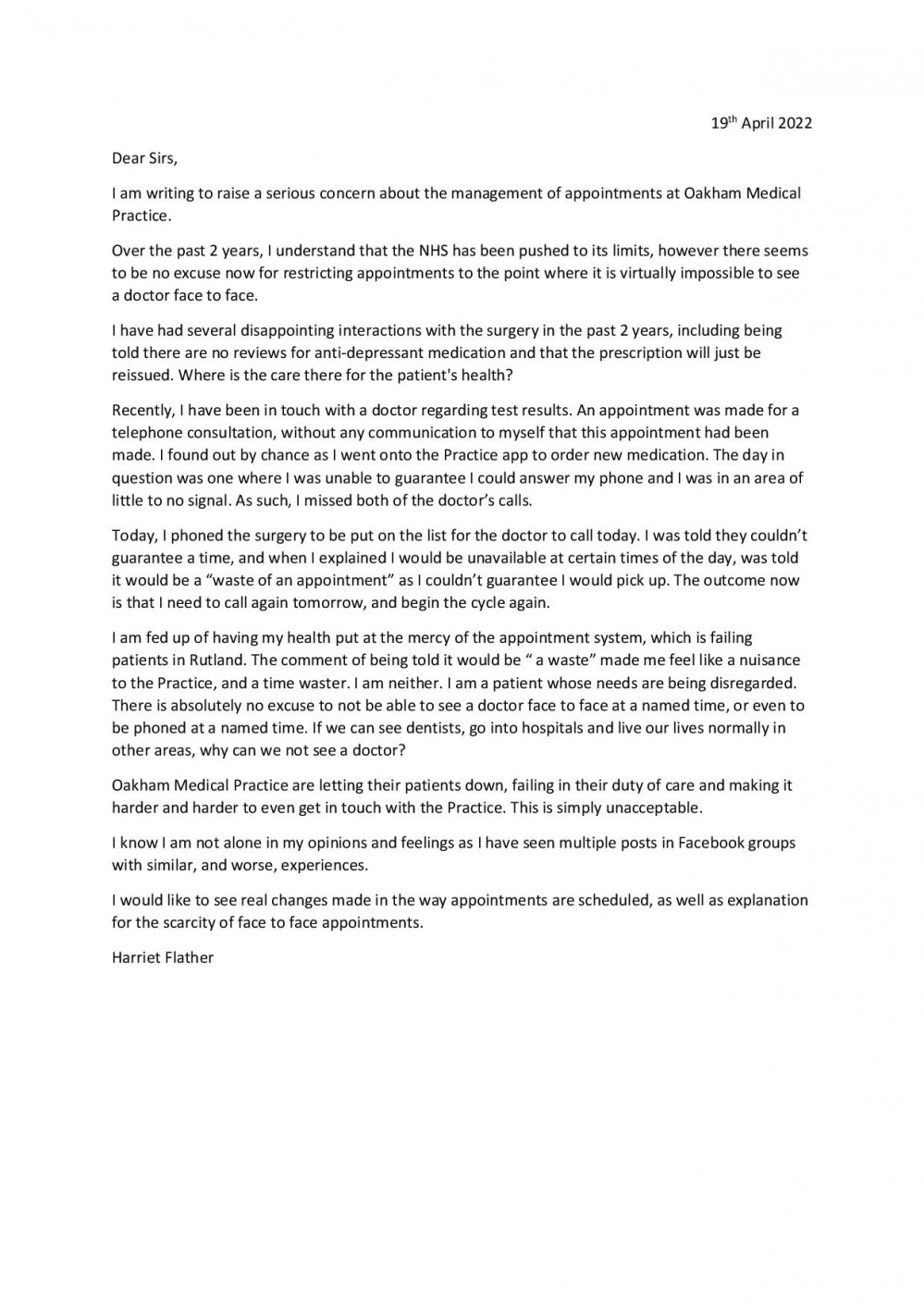 Harriet Flather's open letter (image courtesy of Harriet Flather)