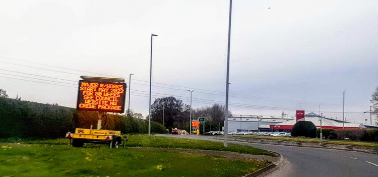 A Matrix sign warning of the 80-week road closure at Woolstanwood roundabout (Ryan Parker).