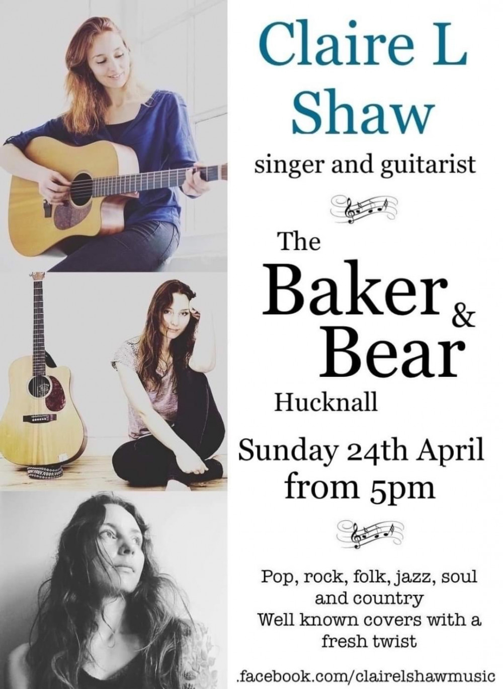 Come along to Baker and Bear at 5pm, Sunday 24th April to hear Claire L Shaw perform!