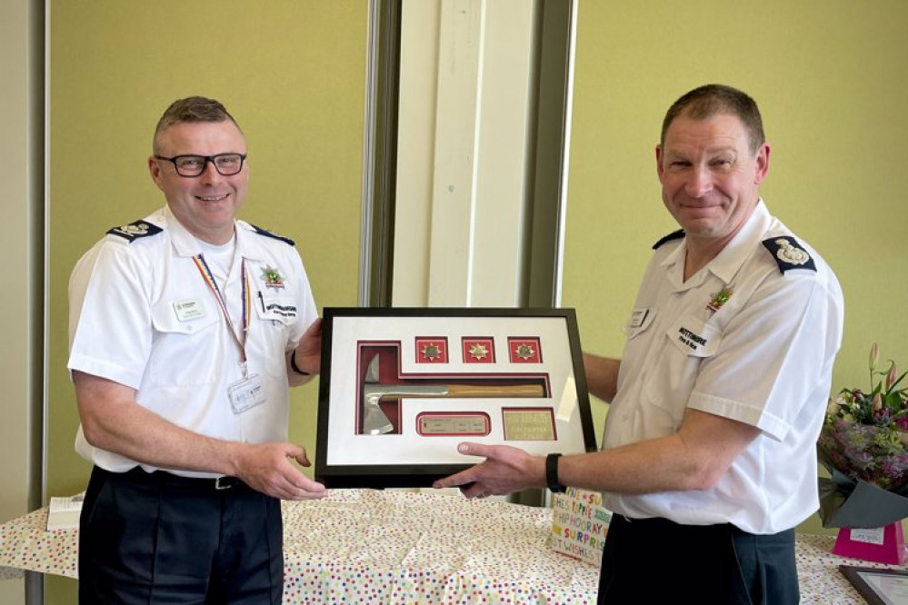 The new Chief Fire Officer at NFRS Craig Parkin (L) with outgoing Chief Fire Officer John Buckley (R). Photo courtesy of Nottinghamshire Fire and Rescue Service.