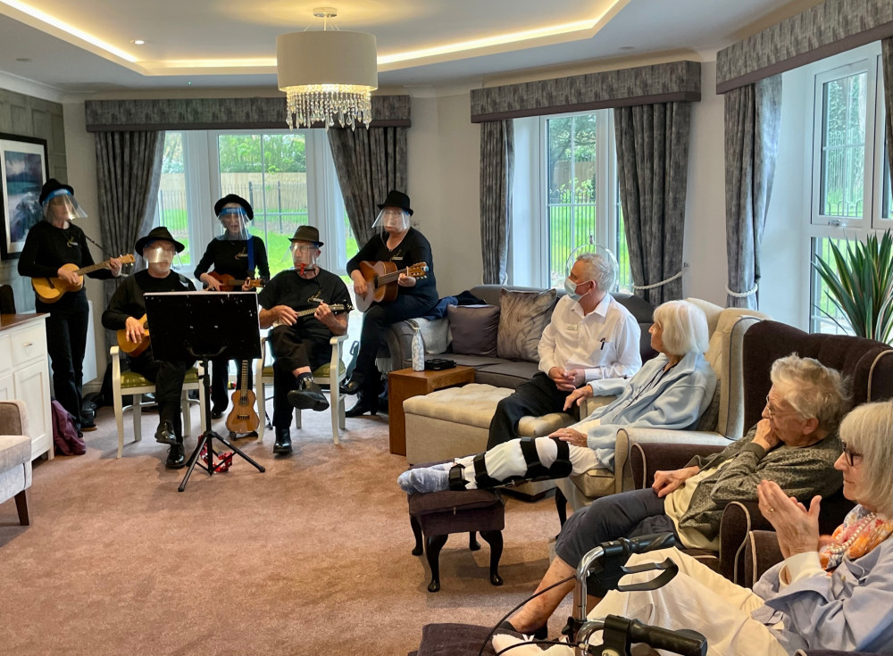 Constantine Ukulele Band perform at Falmouth Court Care Home. 