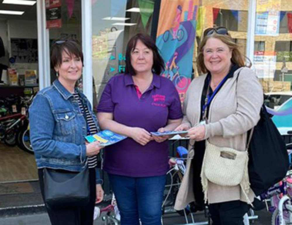 Community Health Champions Sue Tyson (left) and Sarah Kimble (right) with resident Liz Ulph.