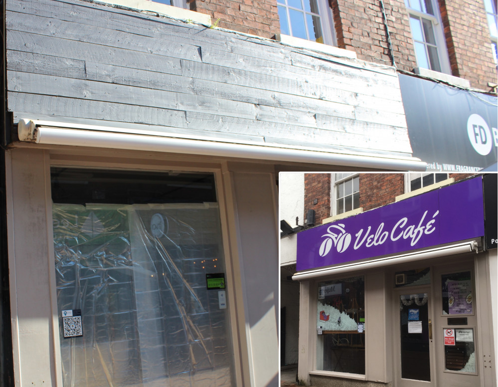 Velo Cafe (right) was last trading on December 17 2021, and their shopfront has now has been replaced with neutral signage (left). (Image - Alexander Greensmith / Macclesfield Nub News)