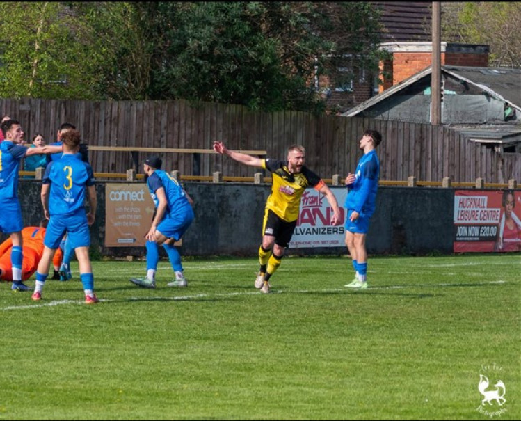 Aaron Short celebrates giving Hucknall Town the lead. Photo courtesy of Lee Fox Photography.