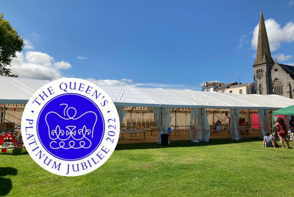 The marquee on the Lawn during Dawlish Carnival 2021 (Nub News, Will Goddard). Inset: Queen's Platinum Jubilee 2022 Emblem