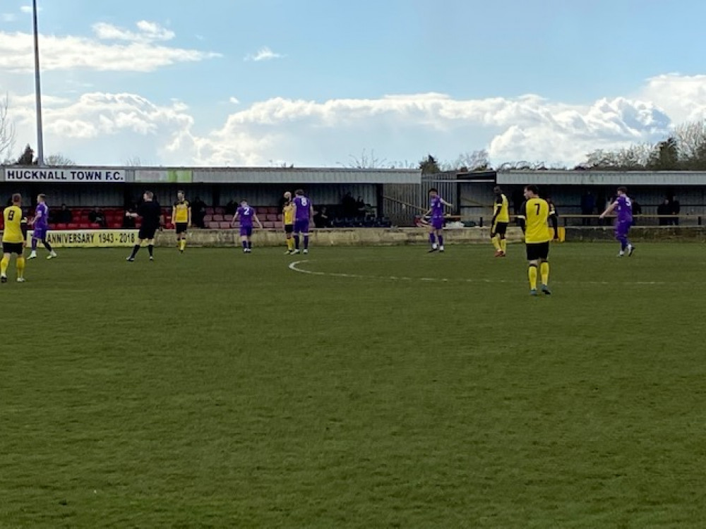 Hucknall Town’s hopes of promotion were ended for this season after they were beaten 3-0 by Hinckley in the semi-final of the play-offs yesterday afternoon.  The image shows Hucknall against the same opponents at Watnall Road earlier this season. Photo Credit: Tom Surgay.