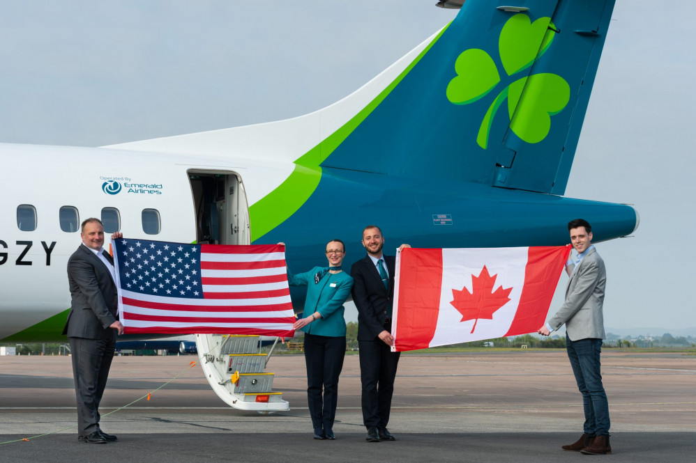Emerald Air and Aer Lingus launch a new service from Exeter Airport to North America via Dublin. Pictured are Exeter Airport MD Stephen Wiltshire, left, with Emerald Air COO Kiaran Smith, right, and cabin crew Greta Wilfling and Juan Hernandez (Theo Moye)