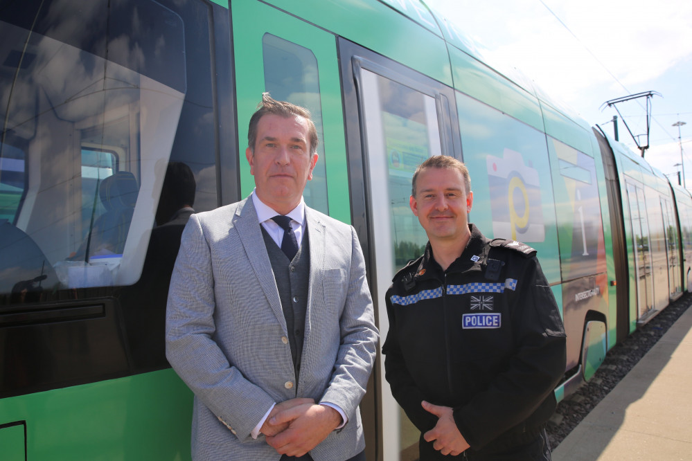 A joint operation between police and the tram network is proving a big hit in tackling antisocial behaviour. Pictured: Julian Smedley, NET Operations manager and Sgt Mark Westlake. Photo courtesy of Nottinghamshire Police.