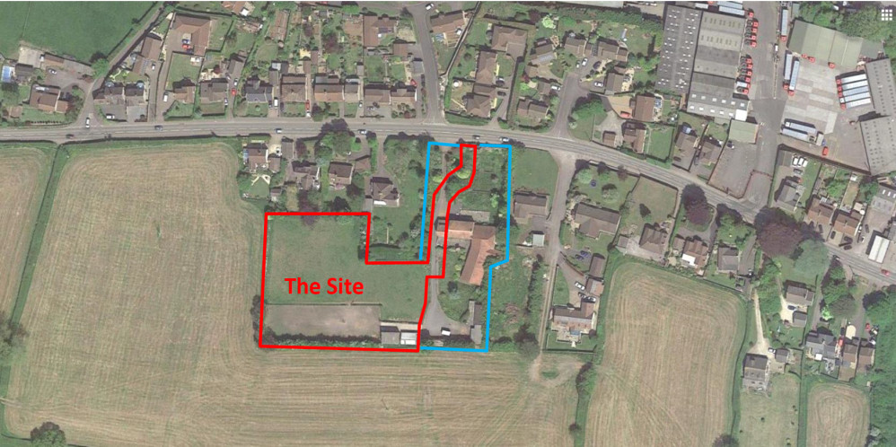 Aerial image of the proposed site for six houses in Chilcompton. Image taken from the planning application.