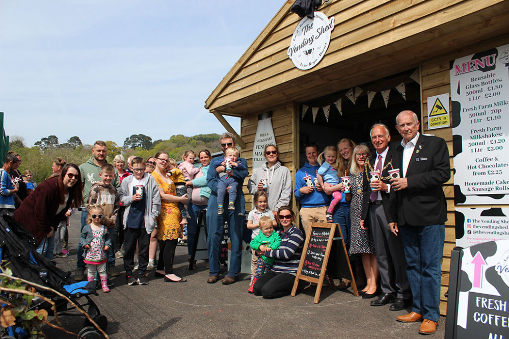 Mark and Emma Harrod of The Vending Shed with the Mayor and Mayoress of Lyme Regis, Cllr Brian and Wendy Larcombe; Philip Evans, president of Lyme Regis Football Club; and local families at the opening