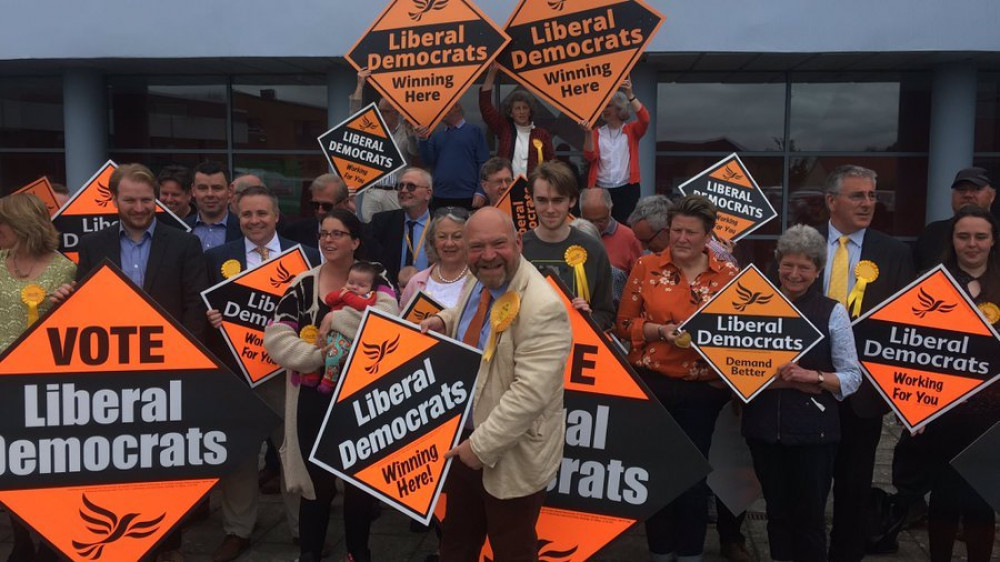 Somerset Lib Dems celebrate after winning the elections to the new Somerset Council. CREDIT: Daniel Mumby