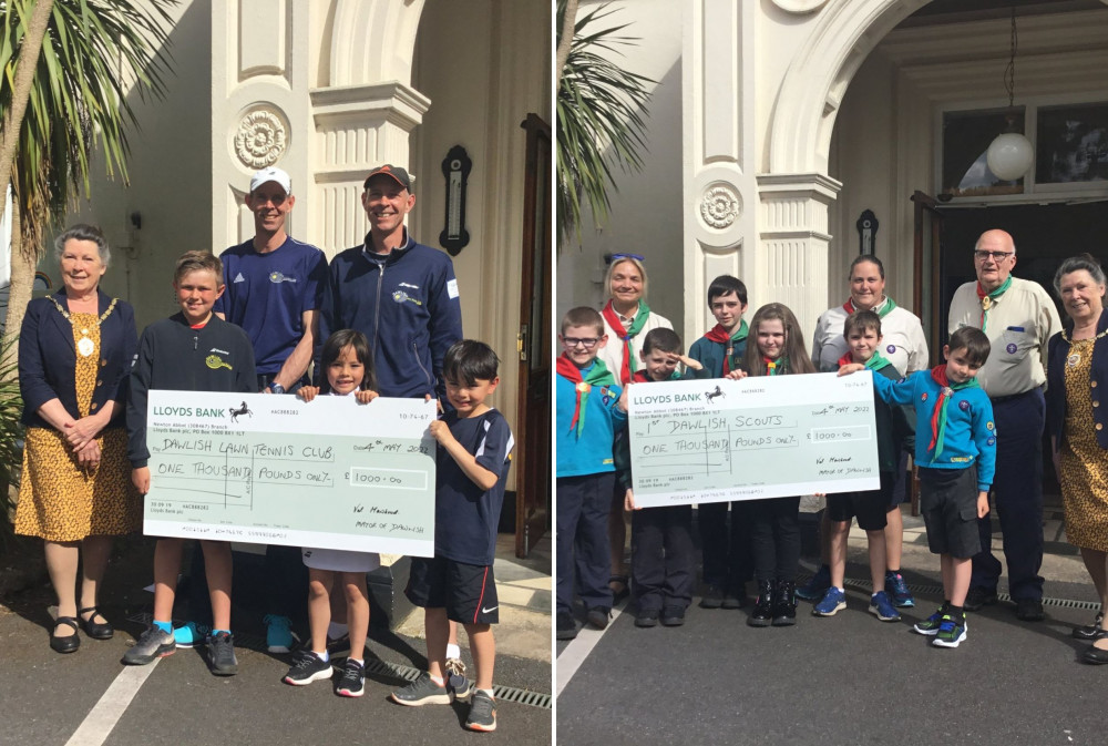 L: Cllr Val Mawhood, Robert and Peter Elver, young tennis players from Dawlish Lawn Tennis Club. R: Assistant Scout Leaders Ray Hoyle and Helen Machin, Beavers Leader Debbie Hallam and scouts from 1st Dawlish Scouts, Cllr Val Mawhood (Dawlish Town Council)