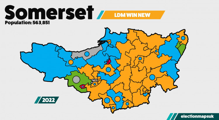 Map Of The 2022 Local Election Results In Somerset. CREDIT: Election Maps.