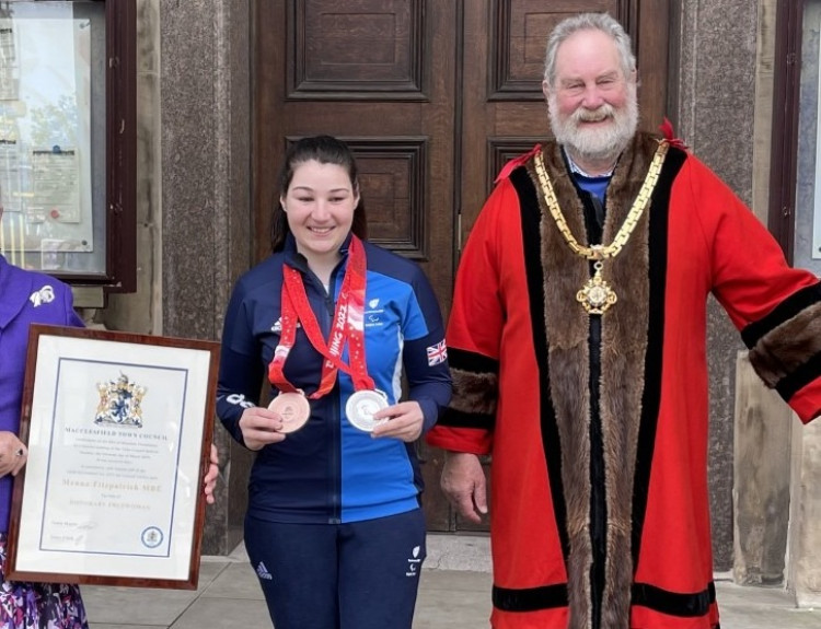 It is all smiles for six-time medal winner Menna Fitzpatrick, pictured with Macclesfield Mayor and Tytherington Resident Cllr David Edwardes. (Image - Macclesfield Town Council)