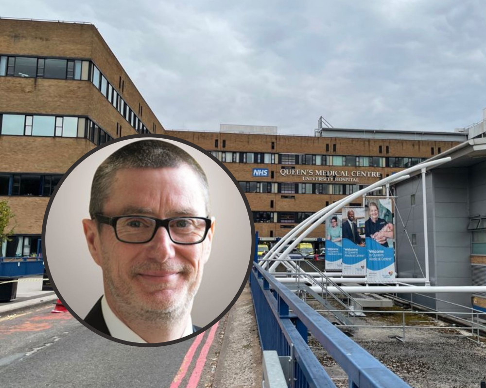 Nottinghamshire County Council Chief Executive Anthony May is leaving the post to become Chief Executive at Nottingham University Hospitals NHS Trust. Anthony May, inset, and the Queen's Medical Centre. Image: Notts CC.