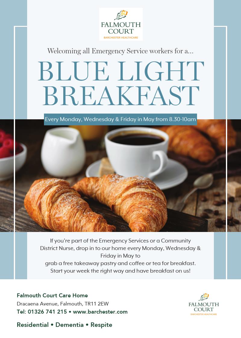 Poster for the Blue Light Breakfast at Falmouth Court care home.