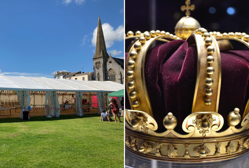 L: Marquee at Dawlish Carnival 2021 (Nub News, Will Goddard). R: Crown (Pixabay)