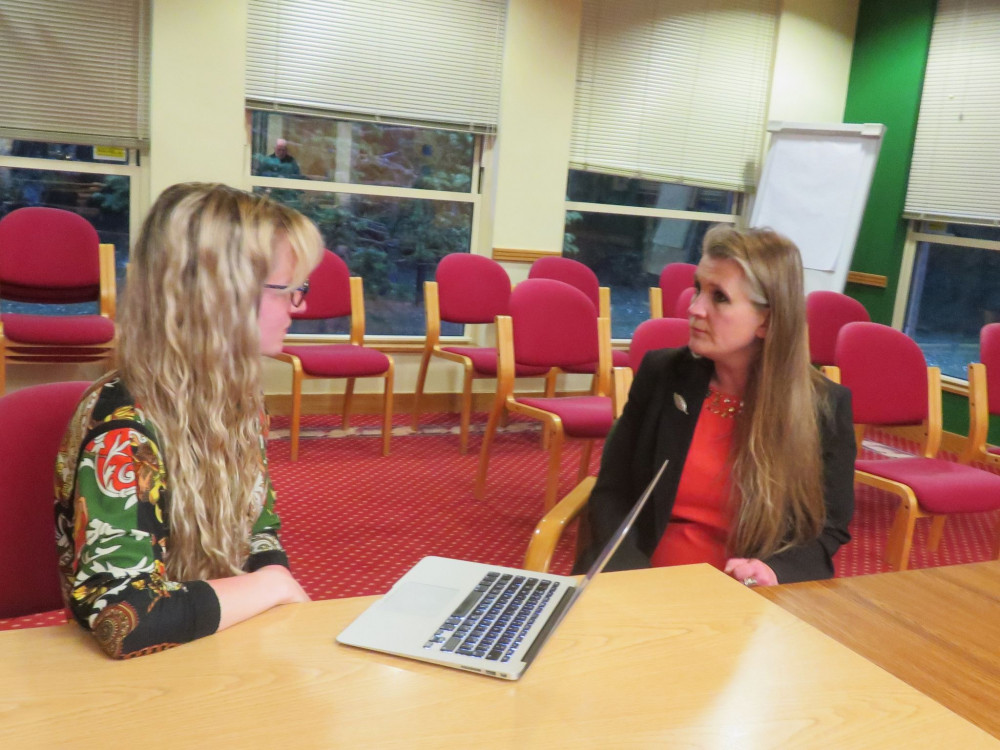 Evie interviewing Lucy Stephenson (image courtesy of Martin Brookes)