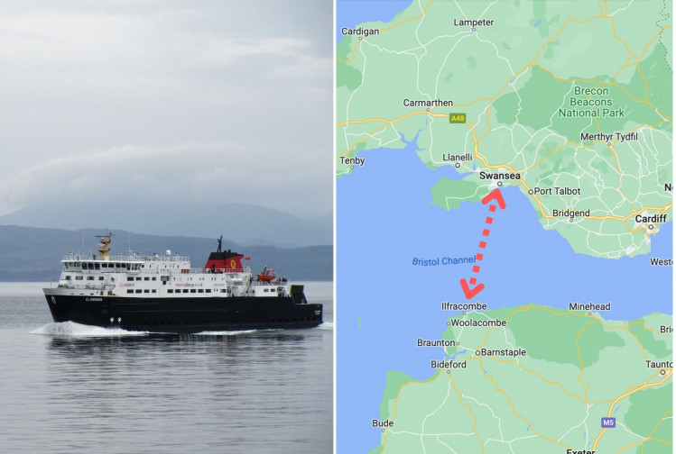 L: Stock image of a ferry (Unsplash). R: A potential route for the ferry (Google Maps)