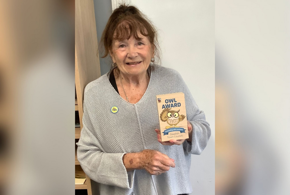 Cllr Carole Tamlyn with OWL plaque and badge (Dawlish Town Council)