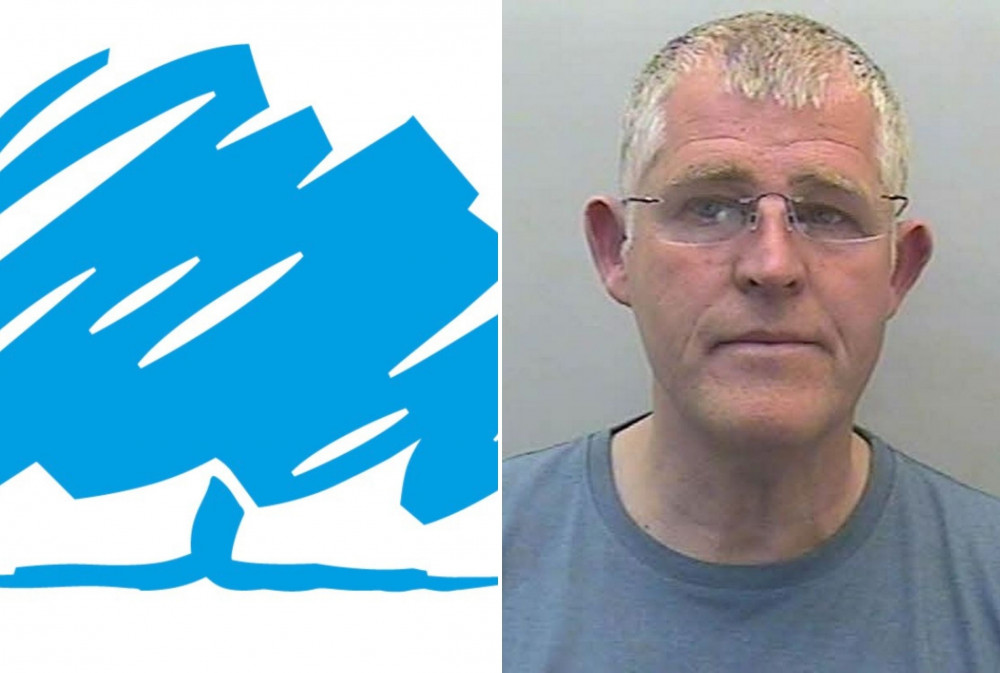 L: Conservative Party Logo (The Conservative Party). R: Convicted sex offender and former East Devon councillor John Humphreys (Devon and Cornwall Police)