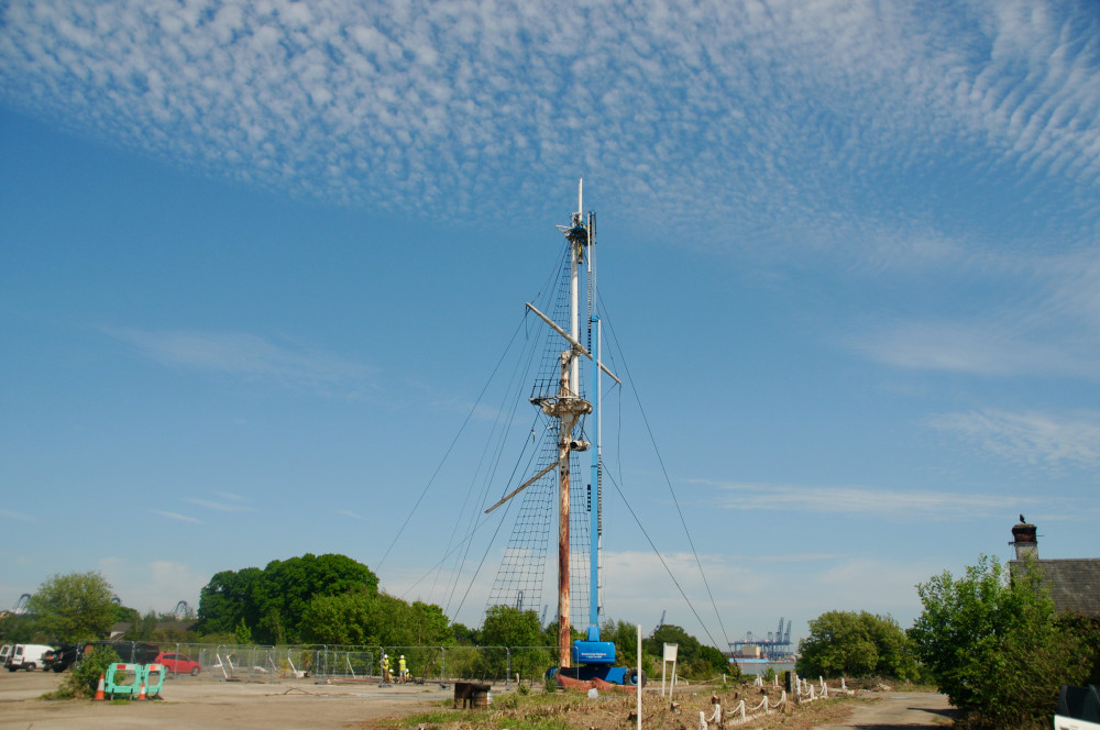 Cherry picker takes riggers up HMS Ganges mast at Shotley Gate (Picture credit: Shotley peninsula Nub News)