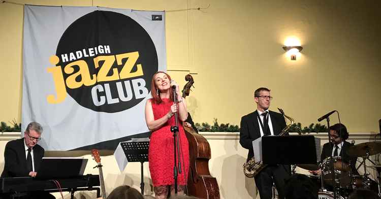 Hadleigh Jazz Club favourites: Chris Ingham (piano), Joanna Eden (vocals), Arnie Somogyi ((hidden) bass), Mark Crooks (sax) and George Double (drums).