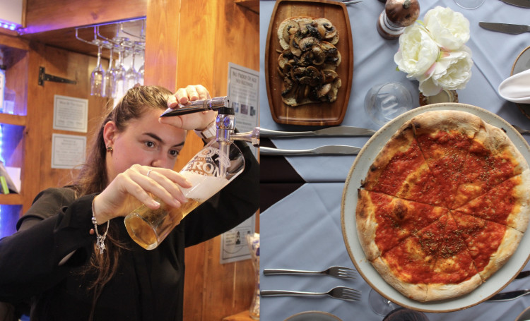 Happy birthday Fiore Mio Macclesfield: Server Julia pours an Italian beer, alongside a photo of their bruschetta fungi starter, and tomato garlic bread. (Image - Macclesfield Nub News / Alexander Greensmith)