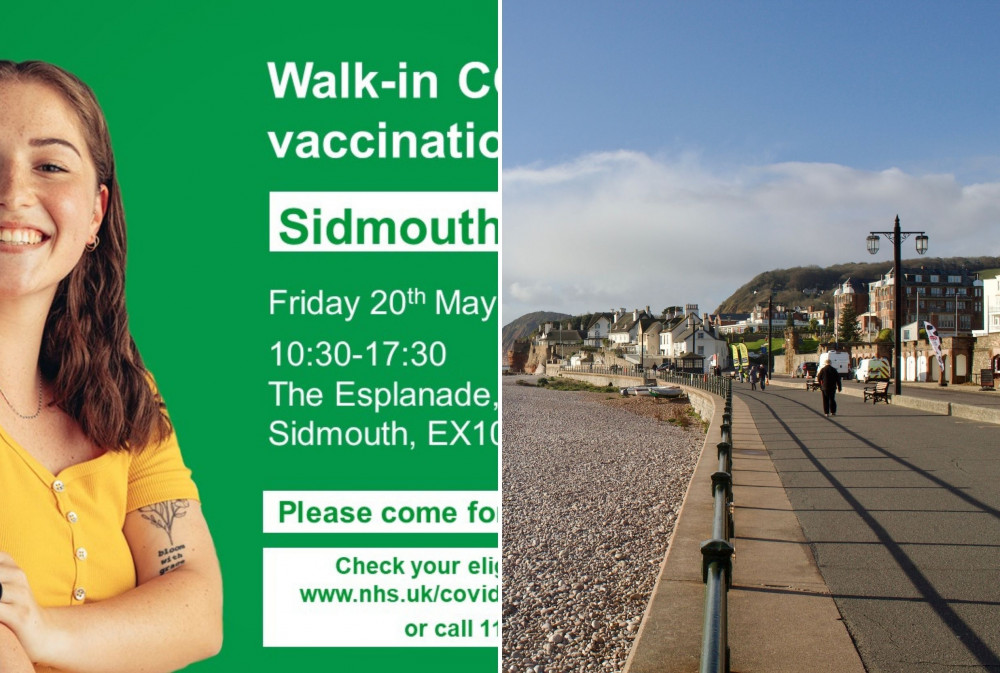 L: Walk-in vaccination flyer (NHS). R: Esplanade, Sidmouth (Nub News, Will Goddard)