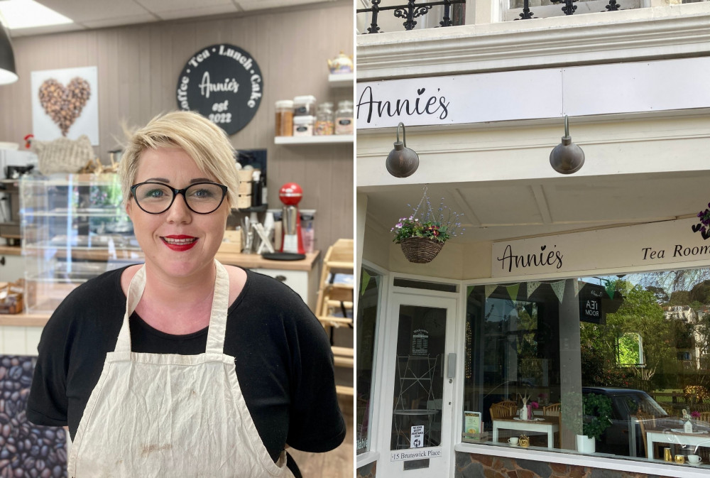 L: Carley Holmes. R: Annie's Tea Room on Brunswick Place, Dawlish (Nub News, Will Goddard)