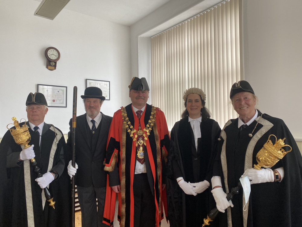 Tim Grattan-Kane (middle) next to Town Clerk Pamela Lavelle and Mace Bearers.