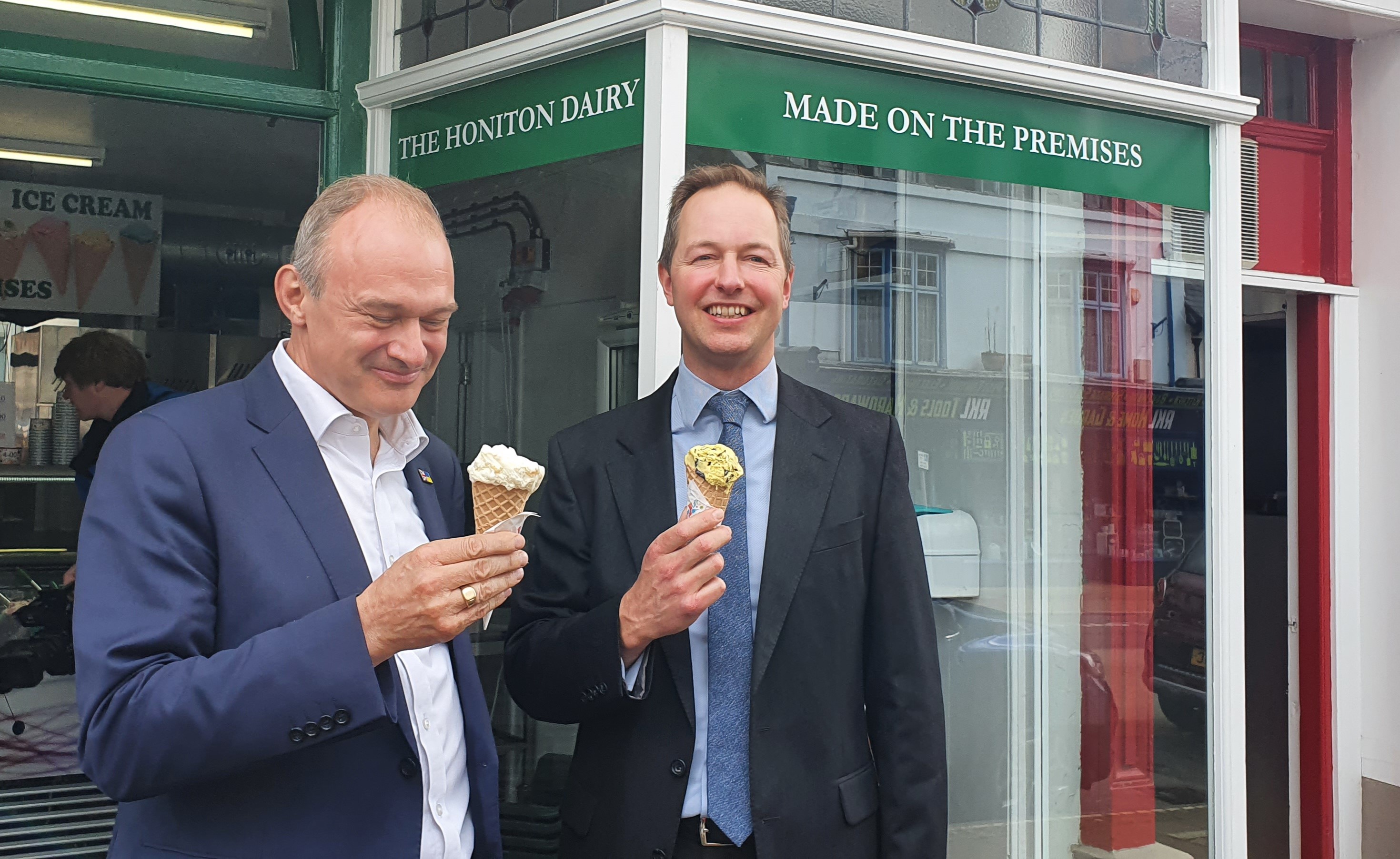 Sir Ed Davey, leader of the Liberal Democracts, enjoys an ice cream with his party's candidate Richard Foord (photo credit: Kate Baxter)